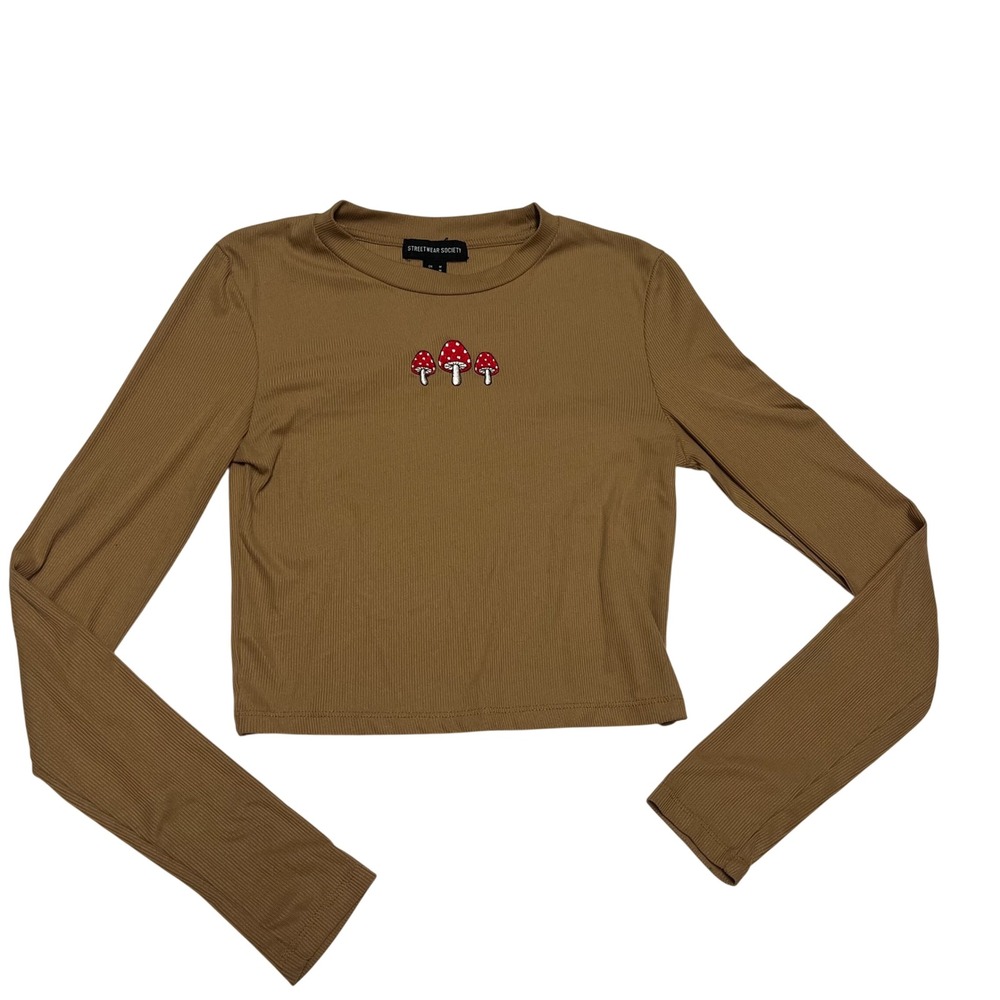 Streetwear Society Brown Ribbed Mushroom Embroidered Long Sleeve Crop Top Medium